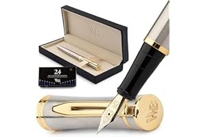 Wordsworth & Black Fountain Pen Set, Medium Nib, Includes 24 Ink Cartridges and Ink Refill Converter, Gift Case, Journaling, Calligraphy, Smooth Writing Pens [Silver Gold], Perfect for Men and Women