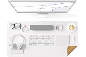 Crenovo Natural Cork Mouse Pad, Desk Mat, Desk Pad, PU Leather Desk Mat On Top of Desk, Desk Pad for Keyboard and Mouse Writing Mat for Office and Home (White & Natural Cork, 31.5" x 15.7")