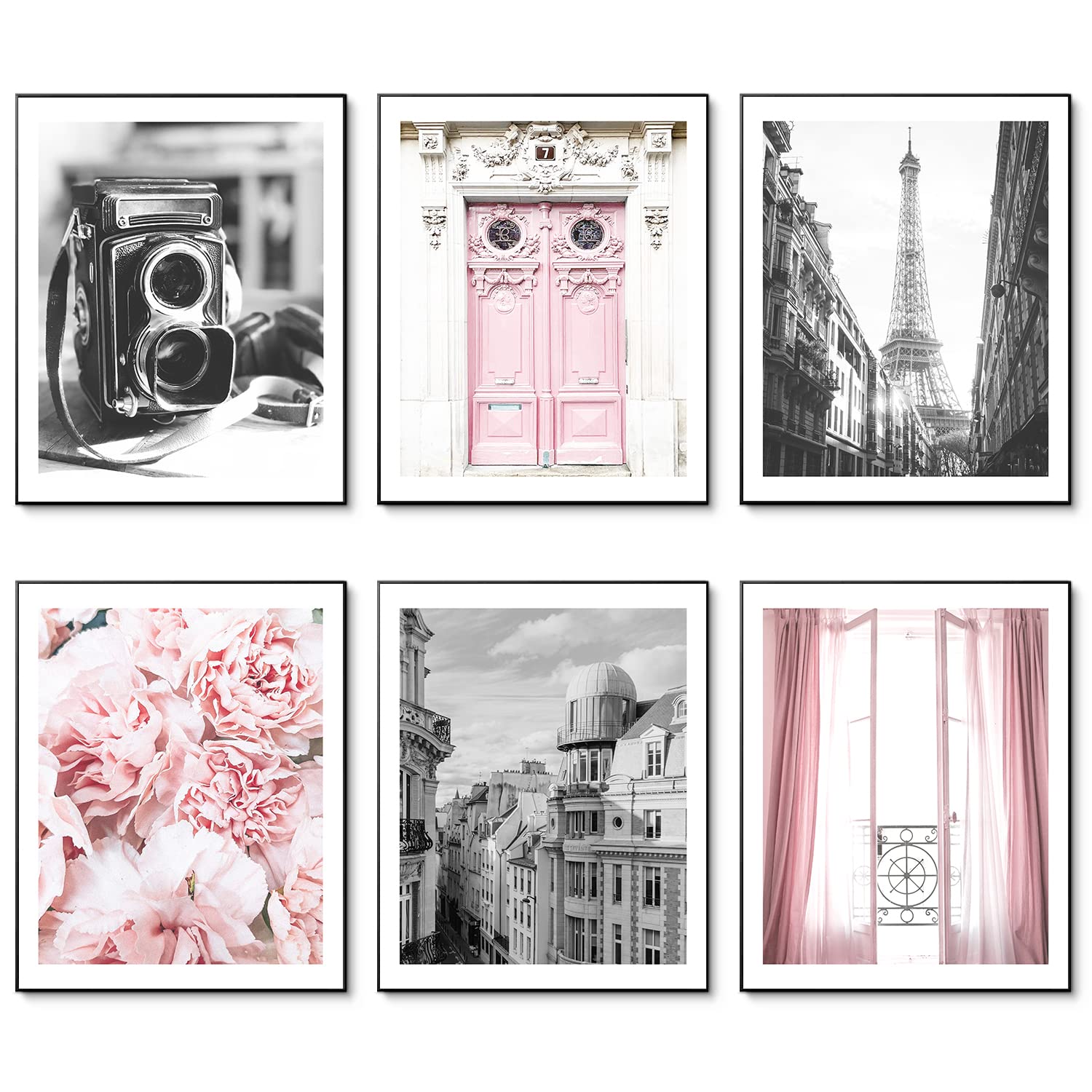Vintage Fashion Paris Wall Art Prints Black and White Canvas Poster Eiffel Tower Pink Flower Doors Windows Pictures Photos Wall Decor for Office Bedroom Living Room (11"x14" UNFRAMED)