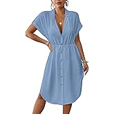 Bsubseach Women 2026 Swimsuit Coverup Button Bathing Suit Cover Ups Short Sleeve Shirt Cover Up Dress Beach Dress