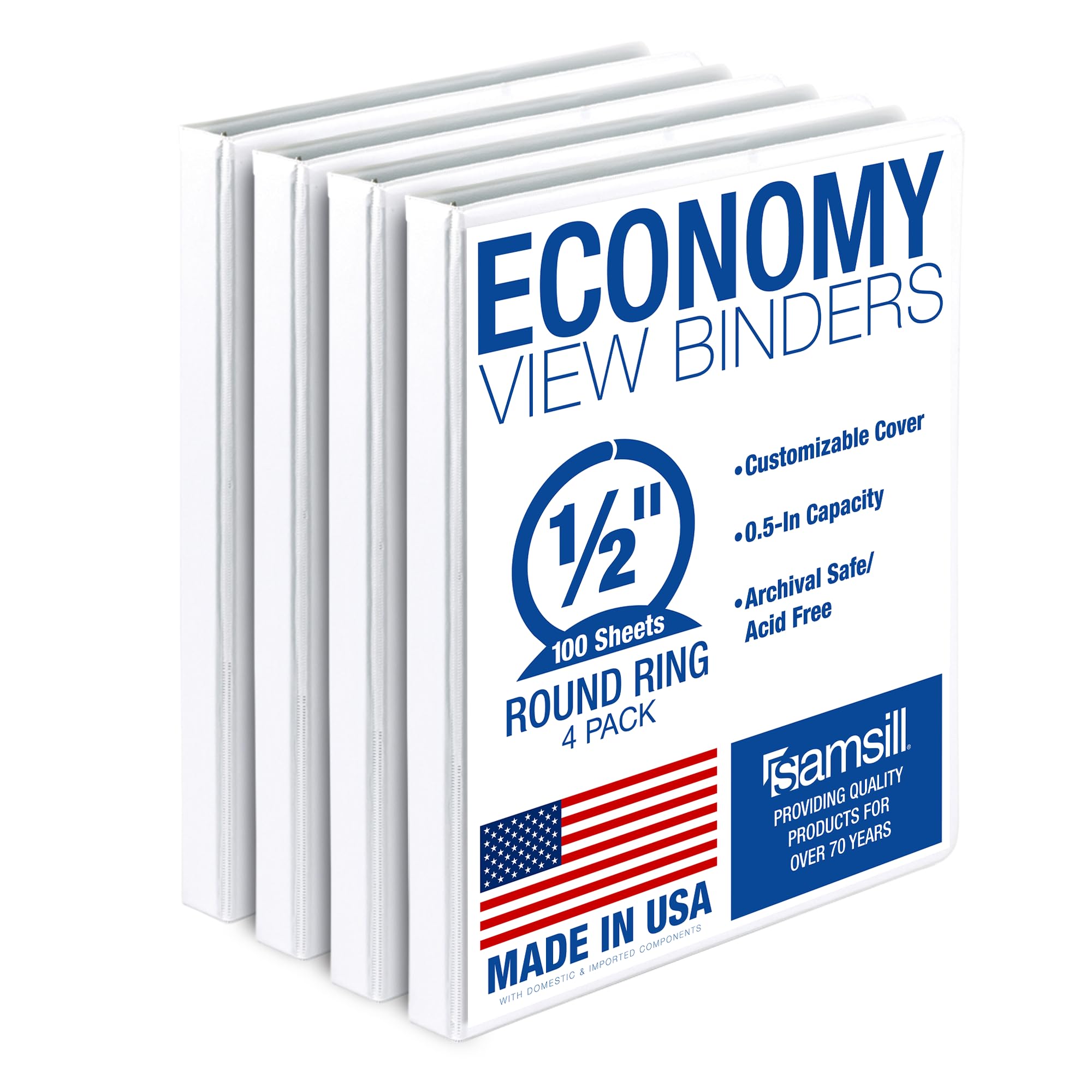 Samsill 0.5 Inch 3 Ring Binder, Made in USA, Economy Round Ring, Clear View Cover, 100 Sheet Capacity - for School, Home, Office - White, 4 Pack
