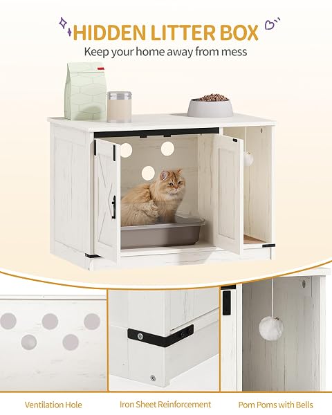 HZUANERI CAT LITTER BOX ENCLOSURE, HIDDEN LITTER BOX CABINET FURNITURE WITH BELL, INDOOR CATS HOUSE, FARMHOUSE STYLE, 31.5 X 19.7 X 20.9INCHES, FOR HALLWAY, BEDROOM, WHITE CB82414B