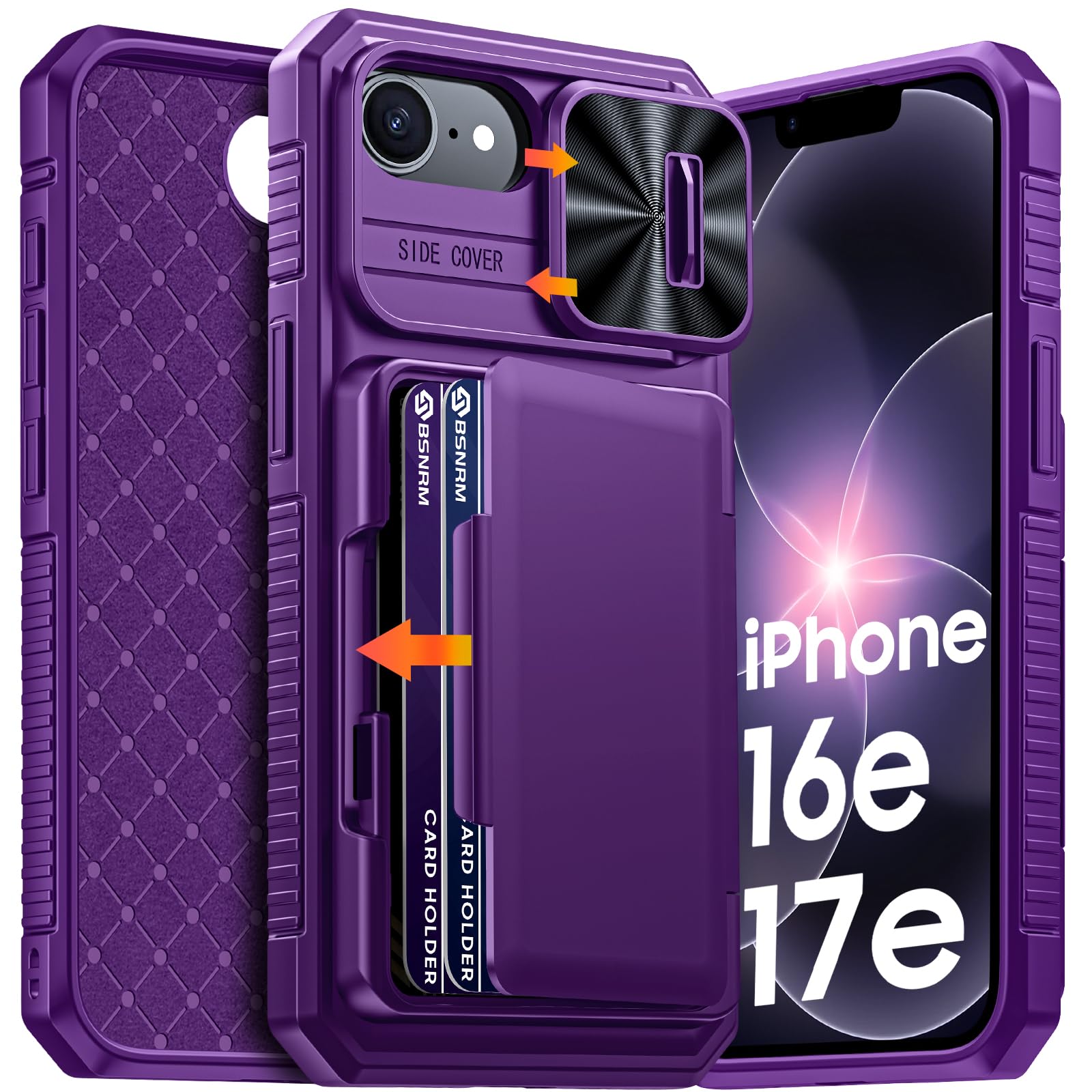 BSNRM for iPhone 17e Case/iPhone 16e Case Wallet, Built-in Card Holder (4-5 Cards), RFID Blocking,Camera Control Button, Slide Camera Cover, Shockproof Rugged Case for iPhone 17e/16e,Purple