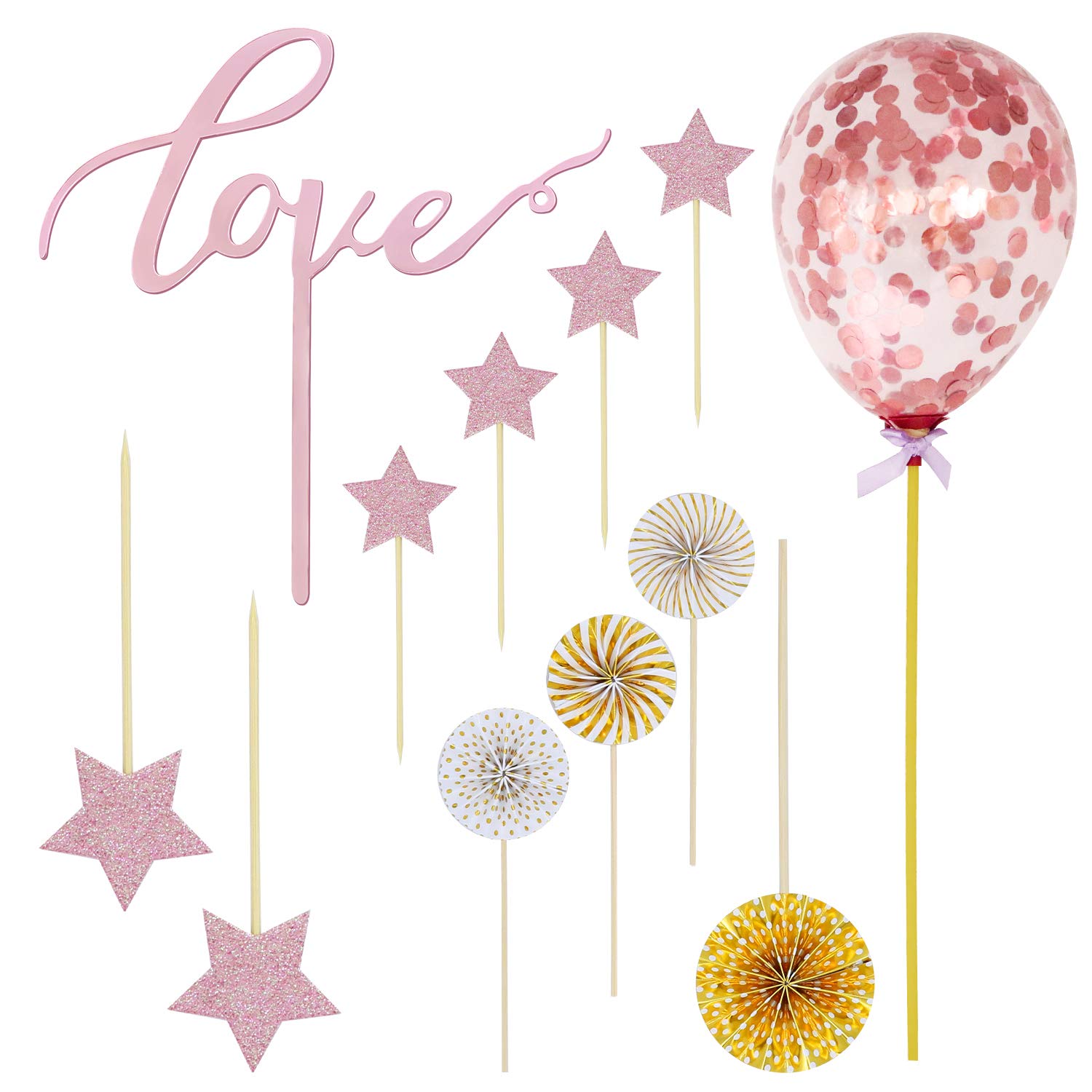 12 PCS Wedding Cake Topper Set Rose Gold Acrylic Love Sign Cupcake Topper Paper Fans Confetti Balloon Cake Supplies Decorations for Wedding Anniversary Birdal Shower