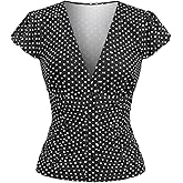 Floerns Women's Polka Dots Puff Sleeve Blouse Top V Neck Retro Button Down Shirts