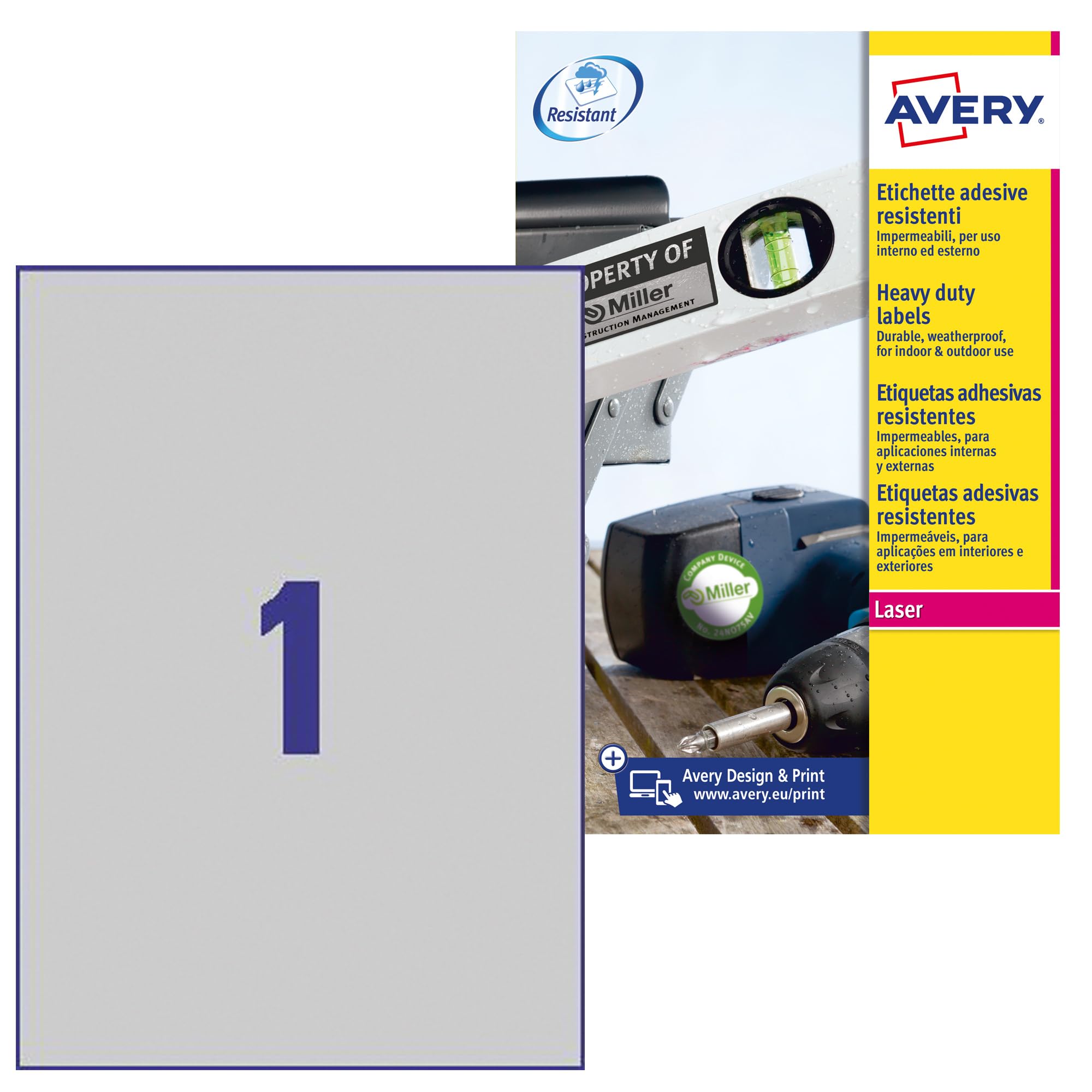 Avery L6013-20 Extra-Strong Adhesive Silver Heavy Duty Labels, 1 Label Per A4 Sheet