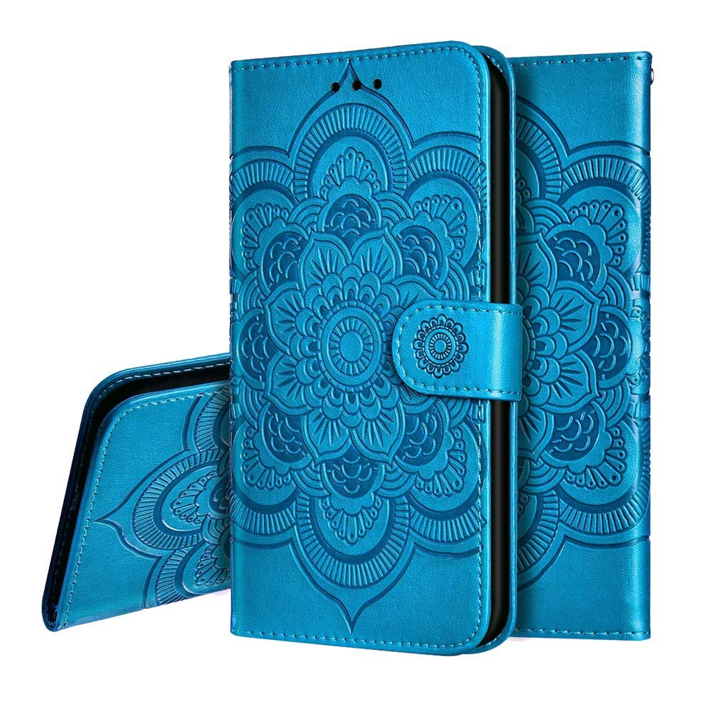 IMEIKONST Mandala Embossed Design for Huawei Y5 2019 Case Premium PU Leather Phone Case Flip Notebook Wallet Card Slot Holder Magnetic Stand Cover for Huawei Honor 8S Mandala Blue LD