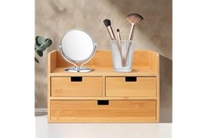 Aimoptg Bamboo Desk Organizer With 3 Drawers Desktop Organizer Modren Table Storage Organizer For Office Home Toiletries Supplies Vanity Kitchen, No Assembly Required, Odorless