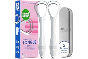 SMARTLIFECO Tongue Scraper For Adults - Dual Head Stainless Steel Tongue Cleaner Travel Metal Case | Bad Breath Mouth Treatment | Best Disposable Metal Plastic-Free Scrubber | Oral Care Hygiene Essential Kit, 2pk