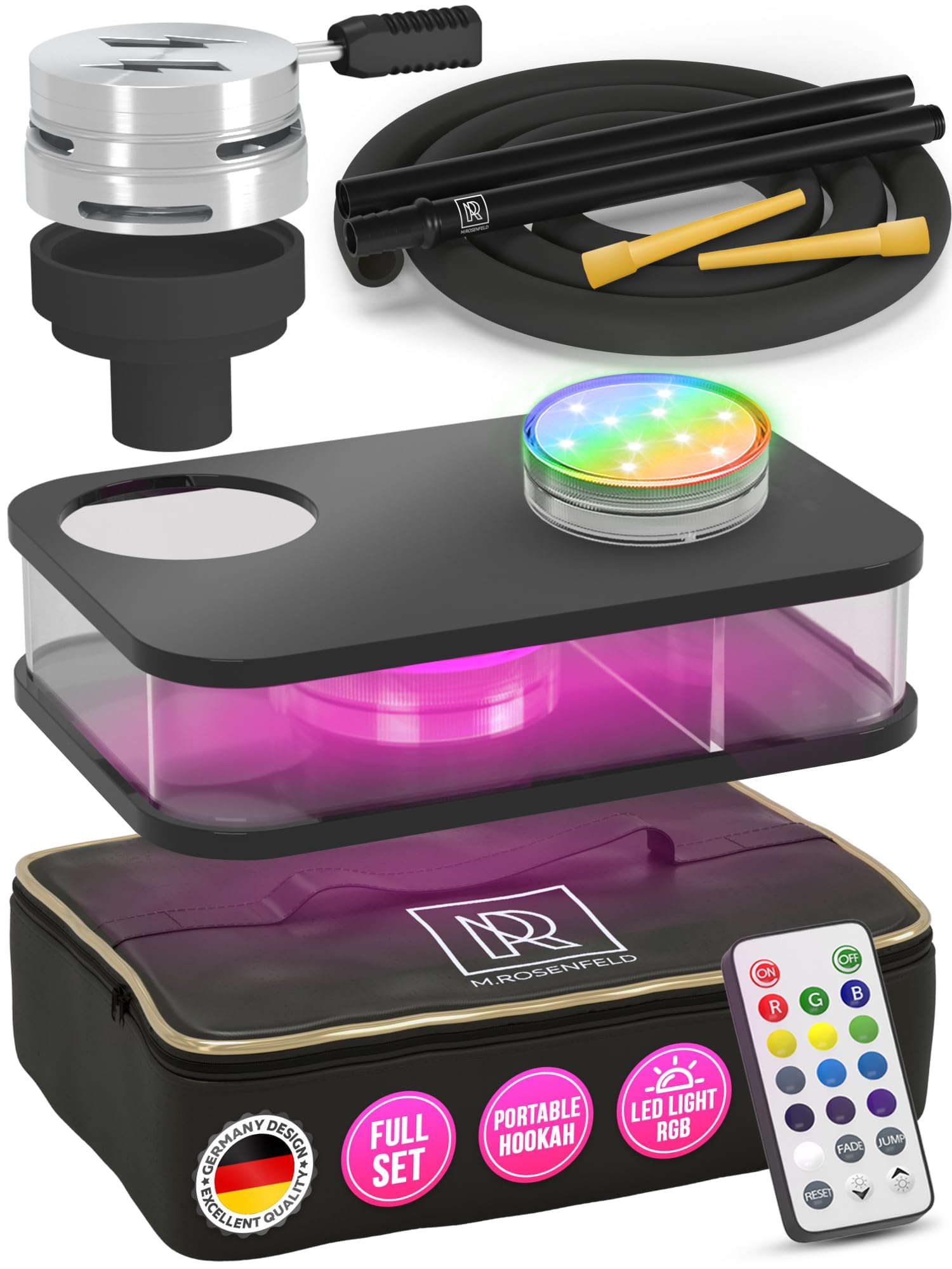 Photo 1 of M. ROSENFELD Black Hookah Set - Premium Travel Hookah Portable And Bag For Travel - Flat Hookah One Hose Hookah Set With Charcoal Holder & Coal Cover- Portable Hookah Set for Travel - Hookah Shisha