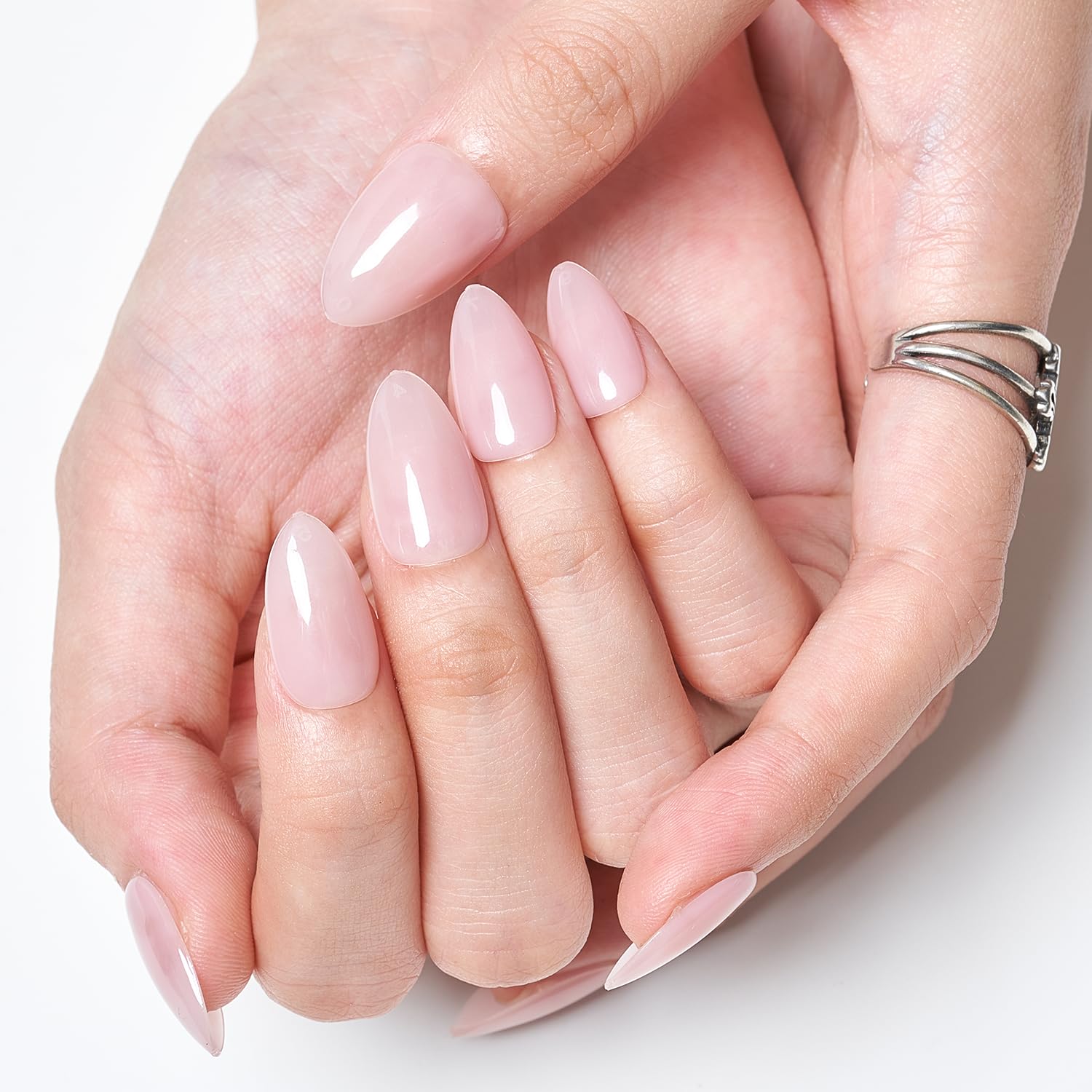 GLAMERMAID Nude Pink Press On Nails Short Almond, Natural Pure Pink Handmade Soft Jelly Gel Fake Nails Tip, Neutral Glossy Round Oval Stick Glue on Nails Kit for Women, Reusable Acrylic False Nail Set - Image 5