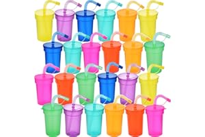 Haundry 24 Pack Kids Party Cups with Lids and Straws, Colorful Plastic Sipper Party Favor Cups for School Events and Birthday Celebrations Supplies, Neon Colors