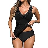 Yonique Womens Two Piece Swimsuits - Ruffle Flounce Tankini Tummy Control Bathing Suits V Neck Swimwear