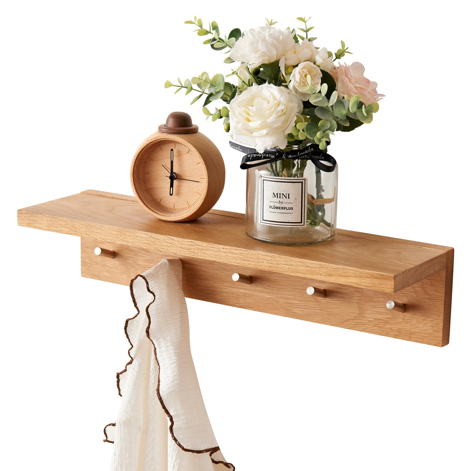 TREOAKWIS Solid Oak Floating Shelf with Hooks, Wall Mounted Display Shelf Coat Hooks for Bedroom, Living Room, Bathroom, Office, Laundry Room (50 CM)