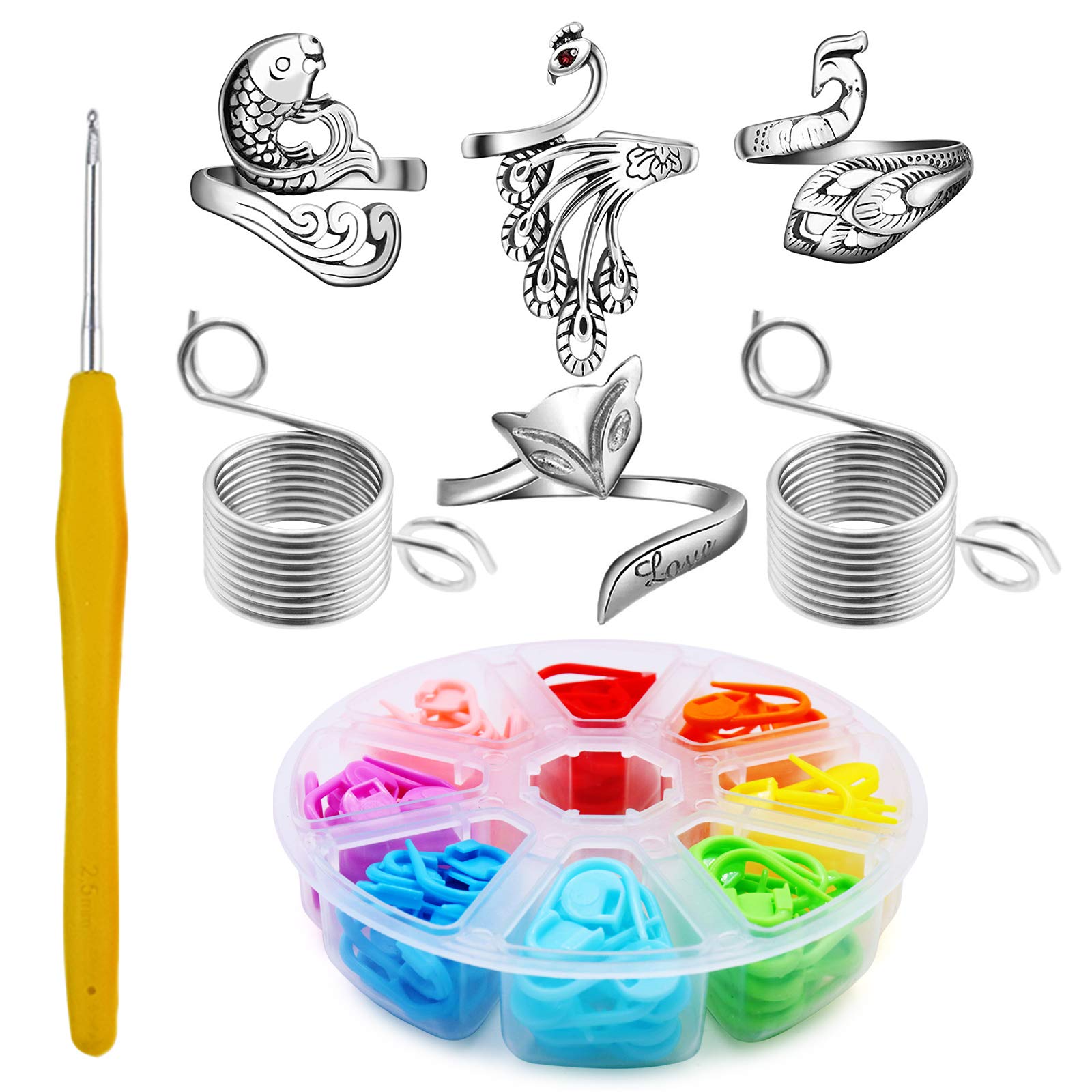 BEIJITA 6Pcs Knitting Loop Crochet Loop Knitting Accessories, Metal Thread Guide Finger Holder Knitting Thimbles,Adjustable Braided Open Finger Ring,104Pcs Knitting Stitch Markers and 1 Crochet Hook
