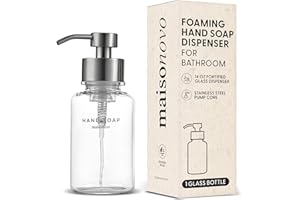 MaisoNovo Glass Foaming Hand Soap Dispenser 14 Oz | Clear Foaming Soap Dispenser Clear Bottle Silver Pump x 1 w/Labels