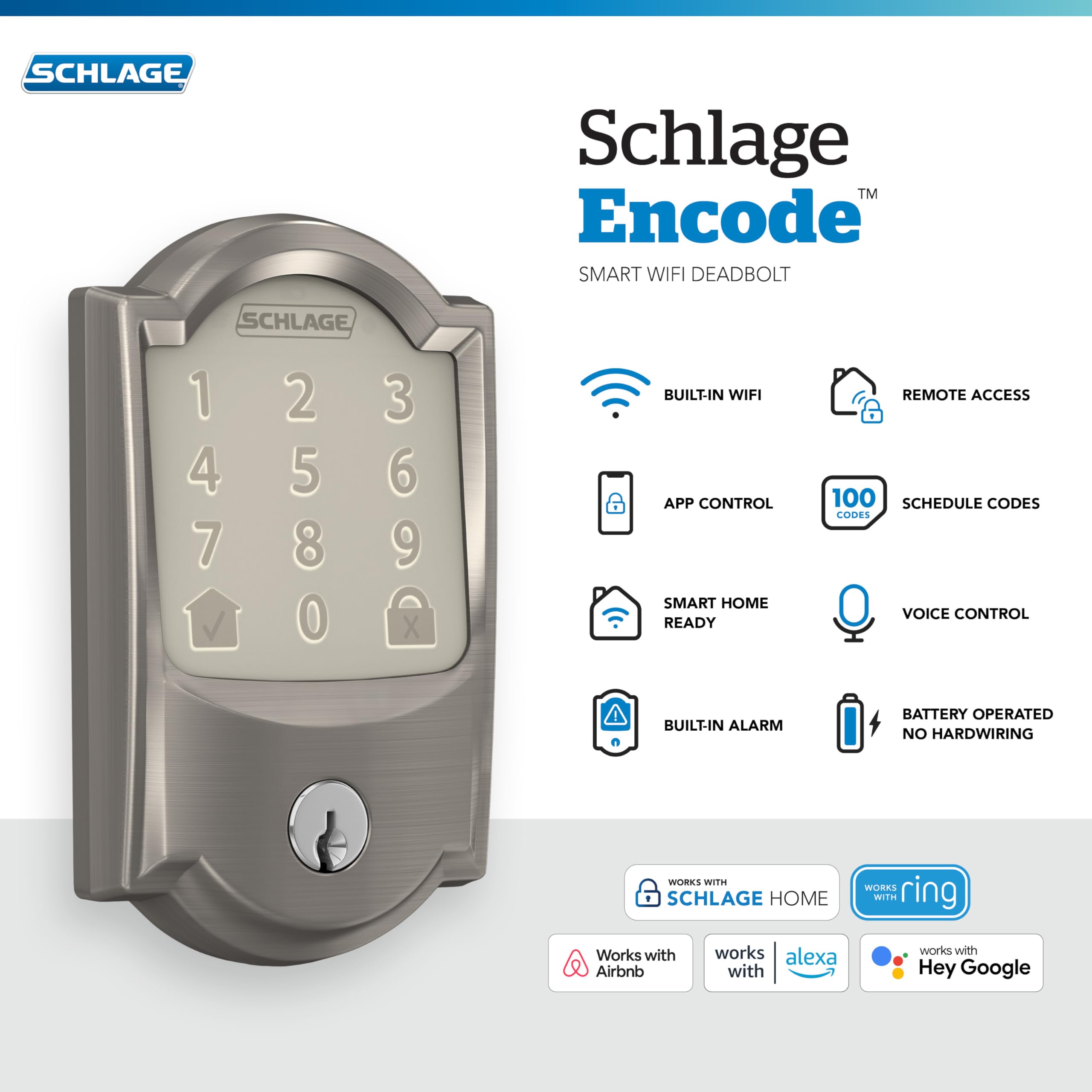 Schlage Encode Smart WiFi Deadbolt Lock for Front Door - Keyless Entry with App or Touchscreen - Works with Alexa, Hey Google, & Airbnb - Create Codes for Guests - Satin Nickel Silver - View 4
