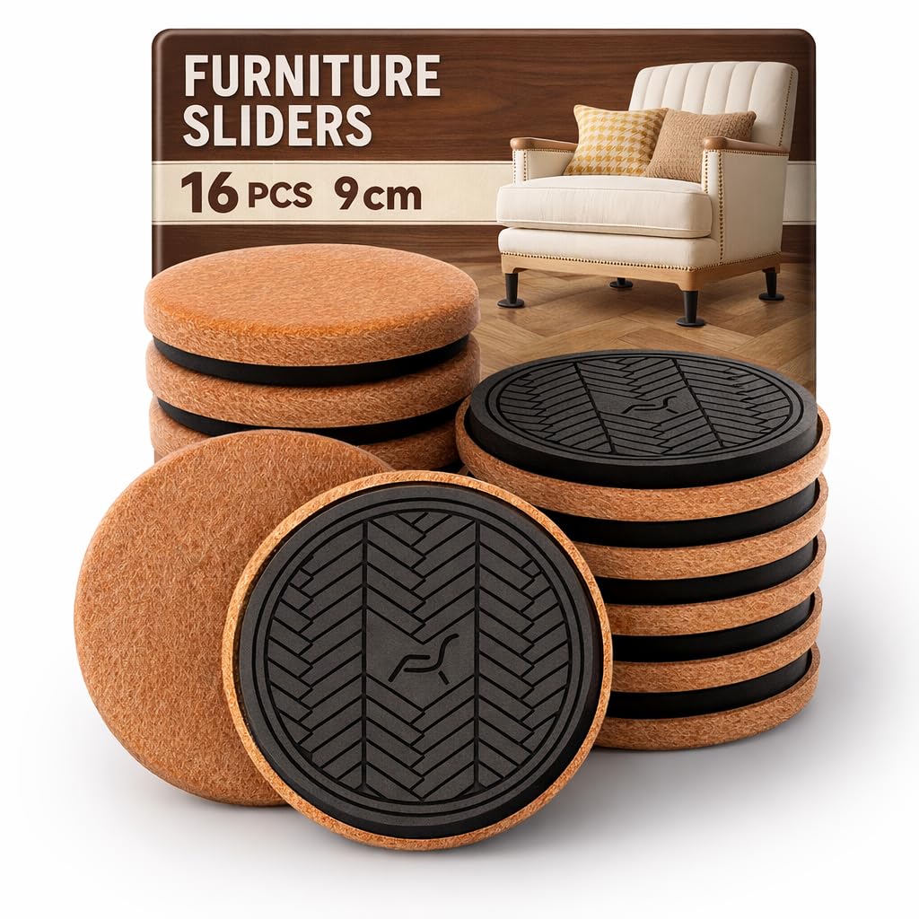 Felt Furniture Sliders for Wooden Floors, 16PCS -9cm（3 ½”）Furniture Gliders Coasters for Hard Floors, Movers Heavy Duty Furniture Quickly and Easily