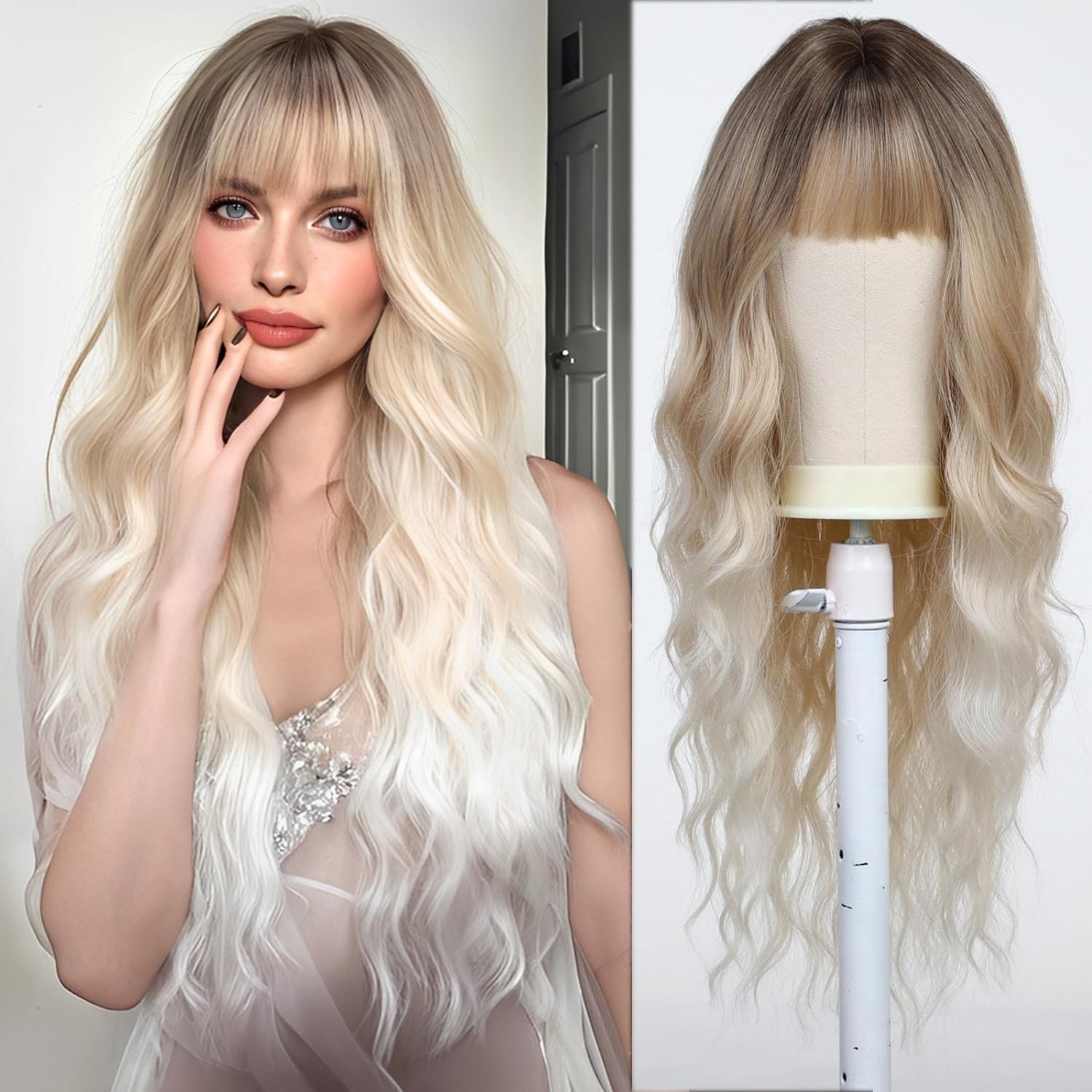 Esmee Long Wavy Ombre Platinum Blonde Wig for Women Natural Synthetic Hair Heat Resistant Wigs with Fringe — image 1