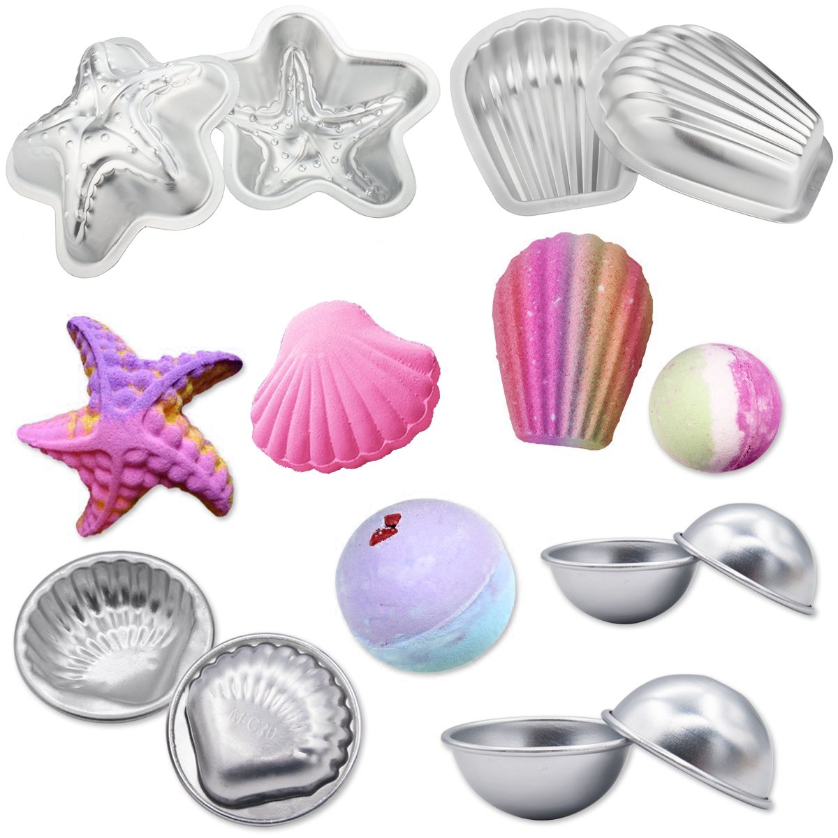 LAWOHO Metal Bath Bomb Mold DIY Handmade Soap Maker Kit Supplies 5 Set 10 Pieces with 100 Pieces Shrink Wrap Bags and 1 Pieces Mini Heat Sealer for Crafting your Own Fizzles