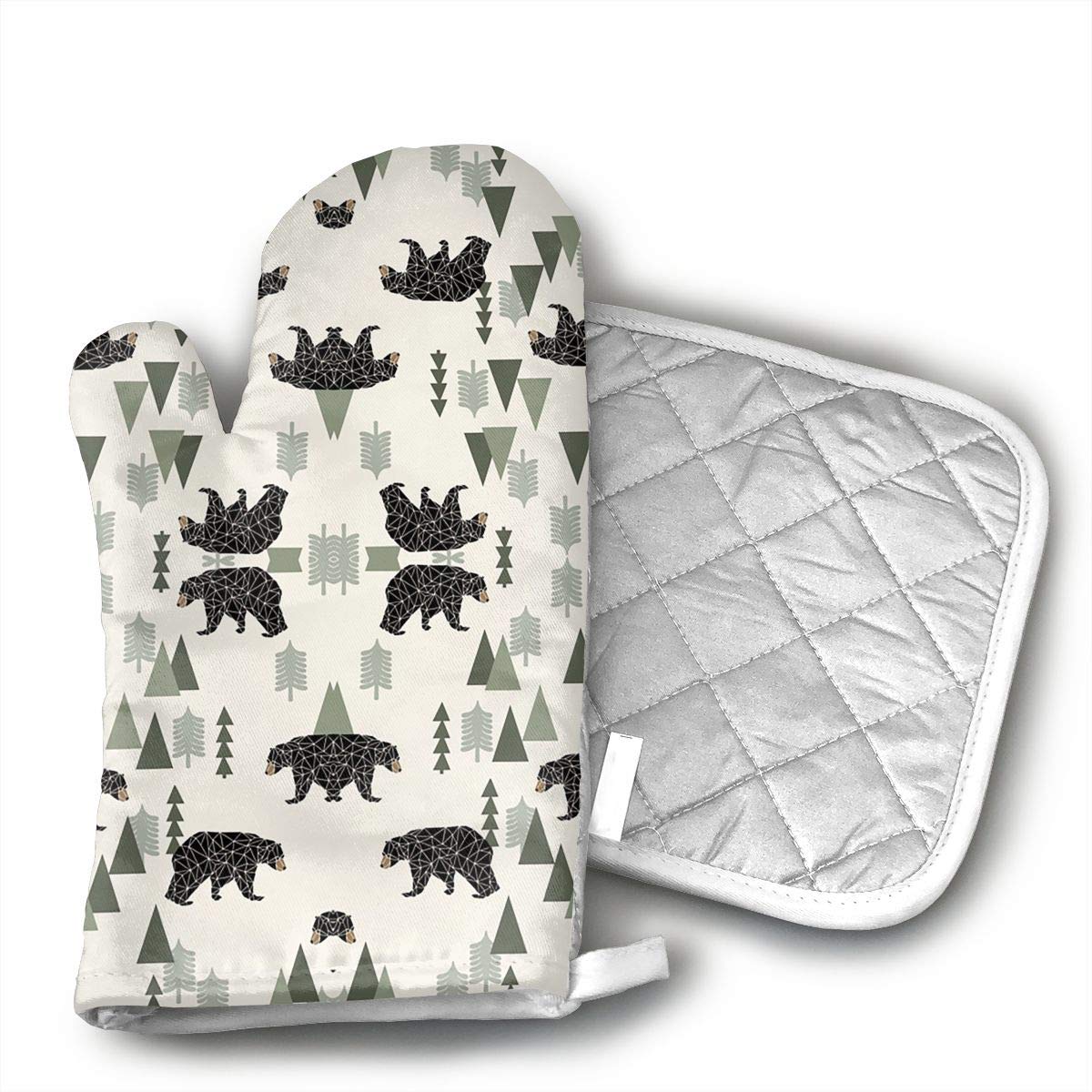 GUYDHL Unisex Oven Mitt and Pot Holder for Forest Bear Cream Green Neutral Baby Nursery Boys Forest Mountain Woodland Geometric Bear - 2 Pair