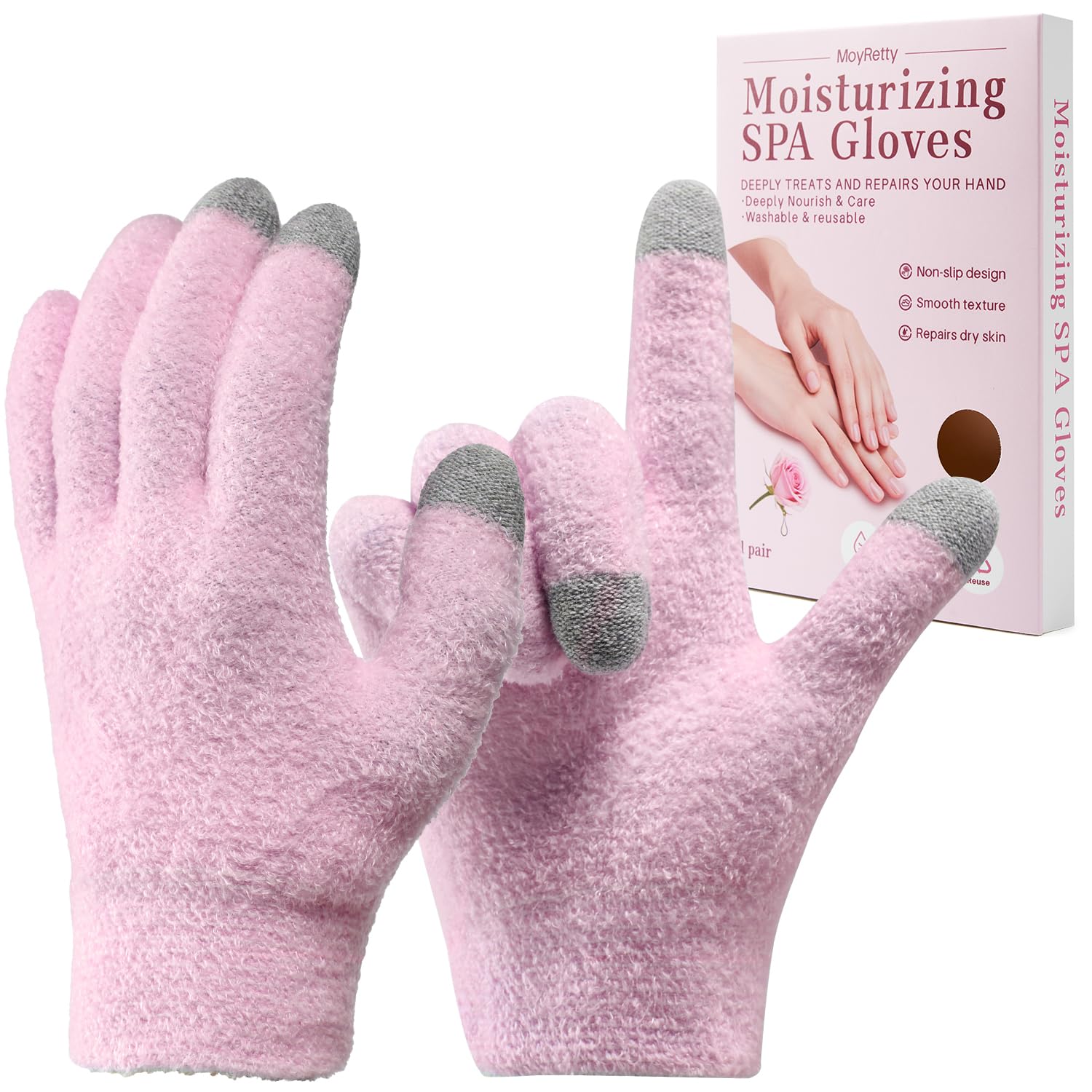 Photo 1 of MoyRetty Touchscreen Silicone Moisturizing Gloves for Dry Hands Overnight, Reusable Hand Spa Gloves with Vitamin E & Jojoba Oil-Pink