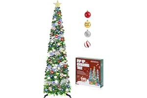 SINTENILL 5 FT Pop Up Christmas Tree with Timer Lights and Decorations, Green Silver Christmas Tinsel Tree with 24 Ball Ornam