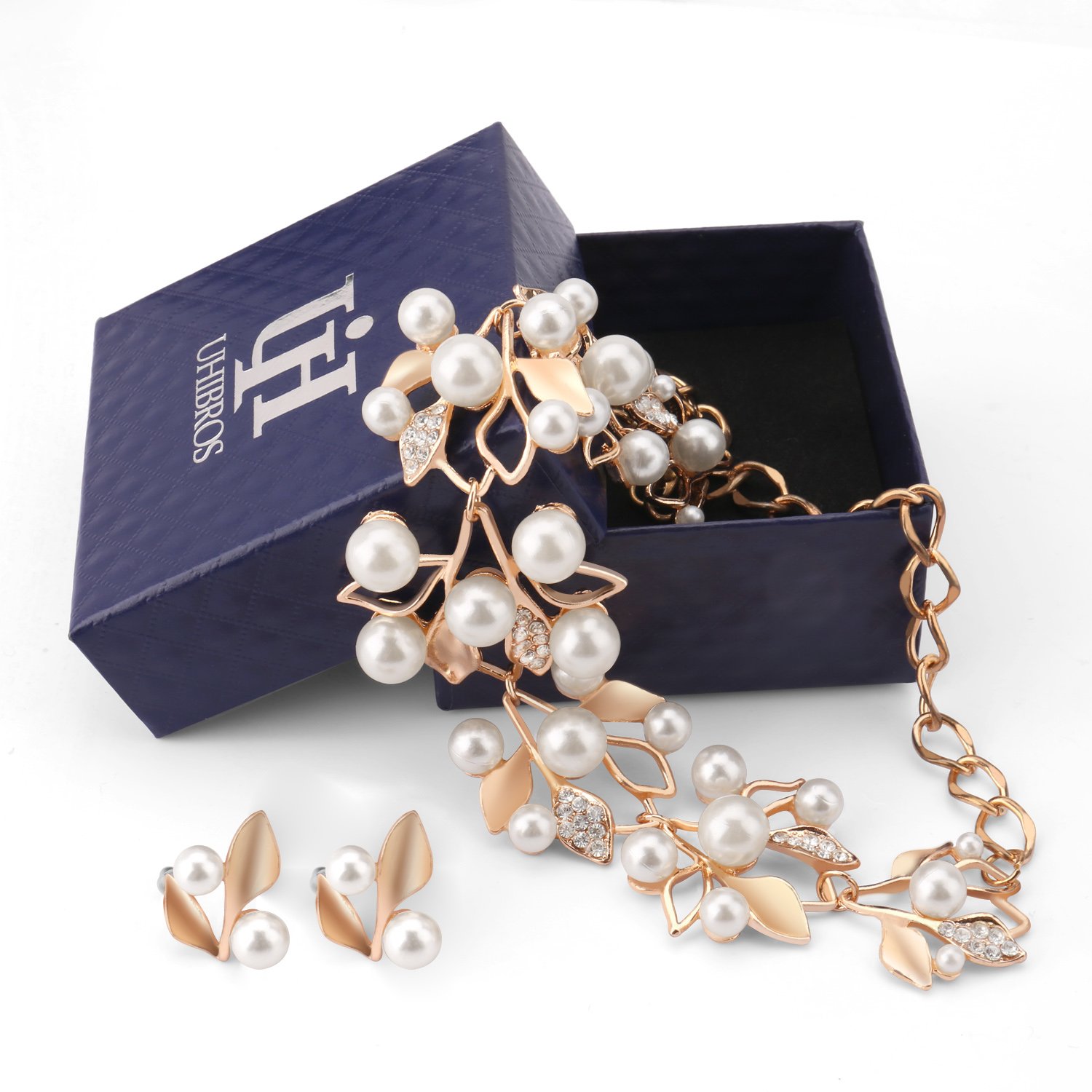 UHIBROS Gold Rhinestone Crystal Pearl Necklace Earrings Stub Alloy Jewelry Set