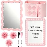 QAUYETM 8 PCS Pink Locker Accessories Kit for Girls with Magnetic Mirror Whiteboard Pen Holder Flower Magnets Cute Aesthetic Locker Decoration Set for School Dorm Office Organization