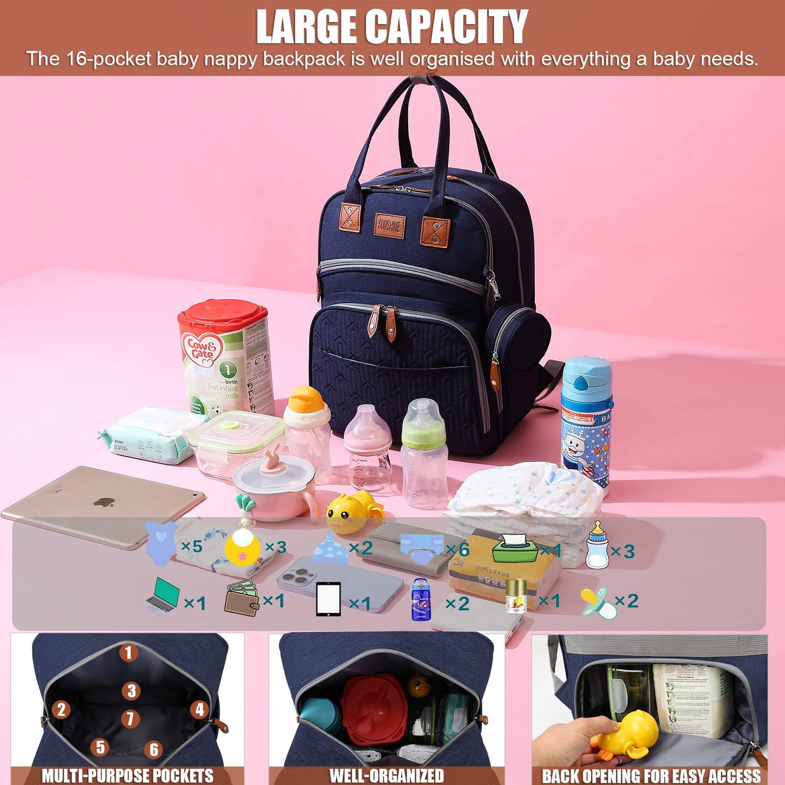 Baby Diaper Bag Backpack with Changing Station, best baby registry shower gifts, Baby Diaper Bags for Men and Women，Essential Gifts for New Parents of Babies（Dark Blue）