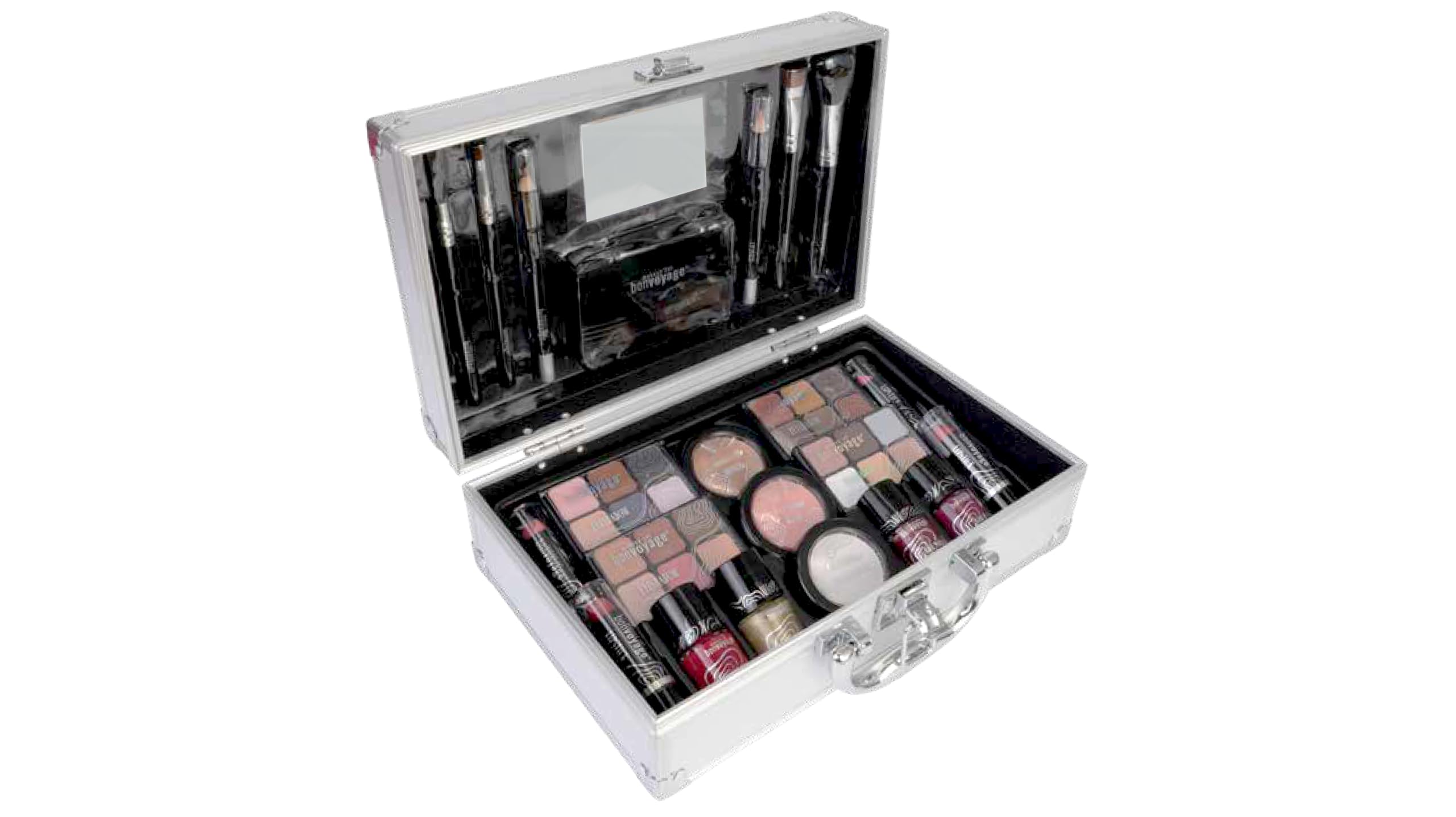 bonvoyage, Makeup Kit, Includes Lipsticks, Eyeshadows, Blush, Nail Polish, Mirror and Make Up Brushes, Portable Lightweight Metal Train Case, Bon Voyage