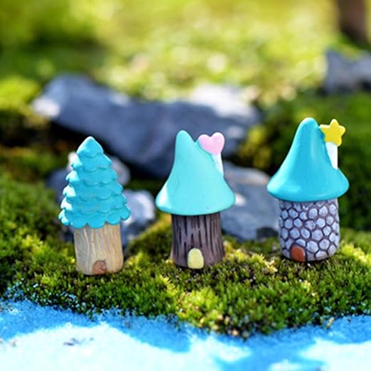 Akruti 3pcs/Set Vintage Blue House Miniature Mini Craft Fairy Garden Micro Landscaping Decor Home Decoration Accessories