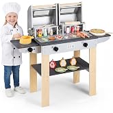 Costzon Kids BBQ Grill Playset, 2-Tier Wooden Barbecue Toy w/ 2 Grills &amp; Flip-Top Covers, Abundant Grilling Tools, Play Foods, Toddler Pretend Play Kitchen, Gift for Boys Girls 3+ Years