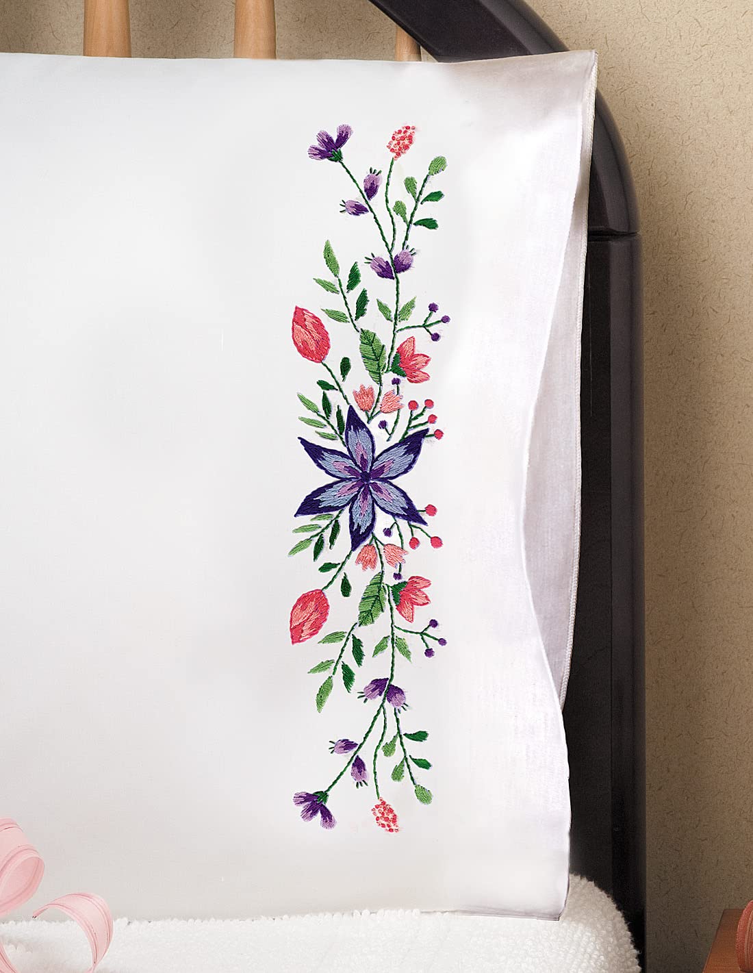 Tobin Stamped for Embroidery Pillowcase Pair 20"X30"-Star Flower