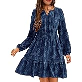 YOVION Girls Long Sleeve Dress Fall Floral V Neck Tiered Ruffle Holiday Party Mini Dresses with Pockets for 6-12 Y