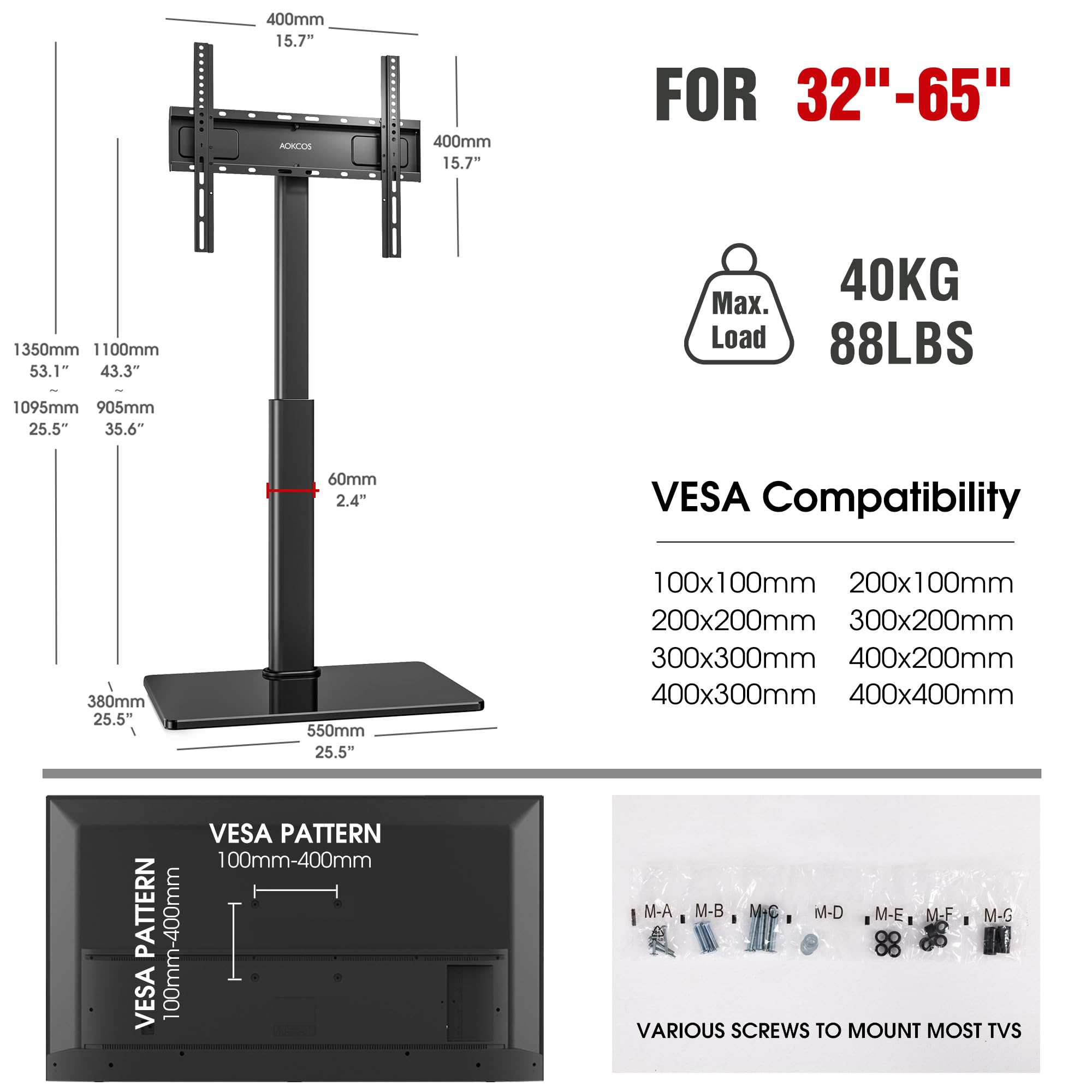Swivel TV Floor Stand for 32-65 Inches TVs, 8 Level Height Adjustable Corner Small TV Stand Mount for Living Room/Bedroom, Holds up to 88 lbs,MAX VESA 400x400mm,Black