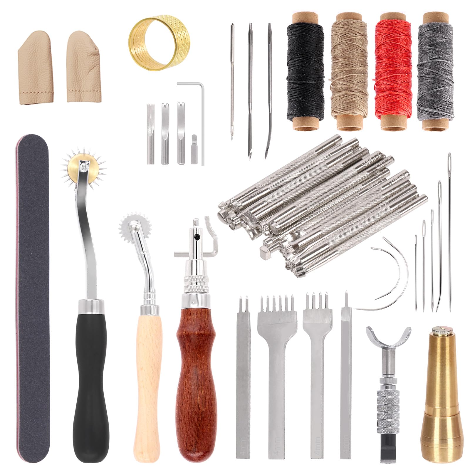 Glarks 52Pcs Leather Working Tools and Supplies Kit, Leather Hand Tool Kit Including Leather Tools, Nail Fork, Waxed Threads, Printing Tools, Tracing Wheel, Assorted Needles for DIY Leather Craft