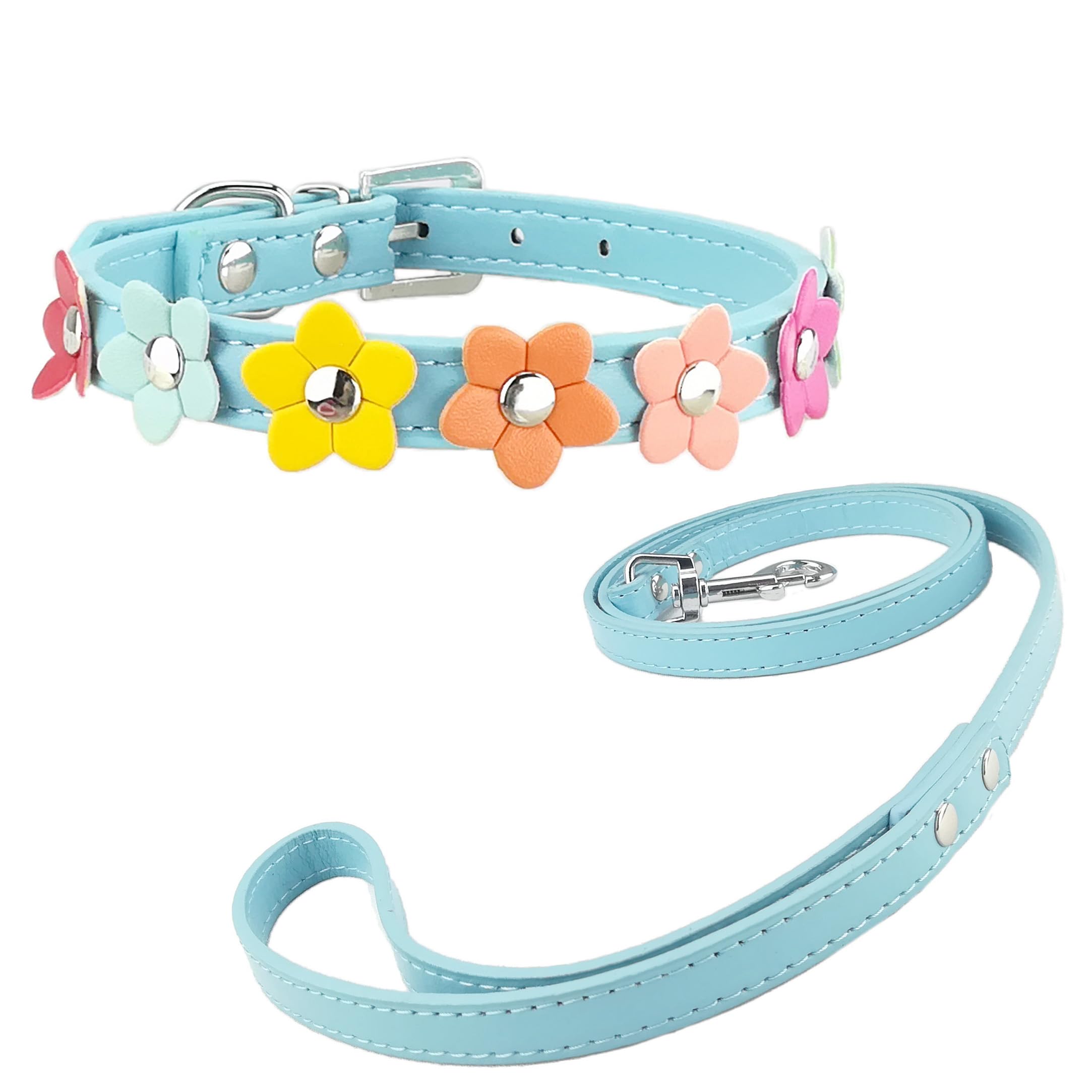 Newtensina Stylish Dog Collar and Lead Set Dog Collar Girl Flower Puppy Collars Leashes for Small Dogs with Flower - Blue - M