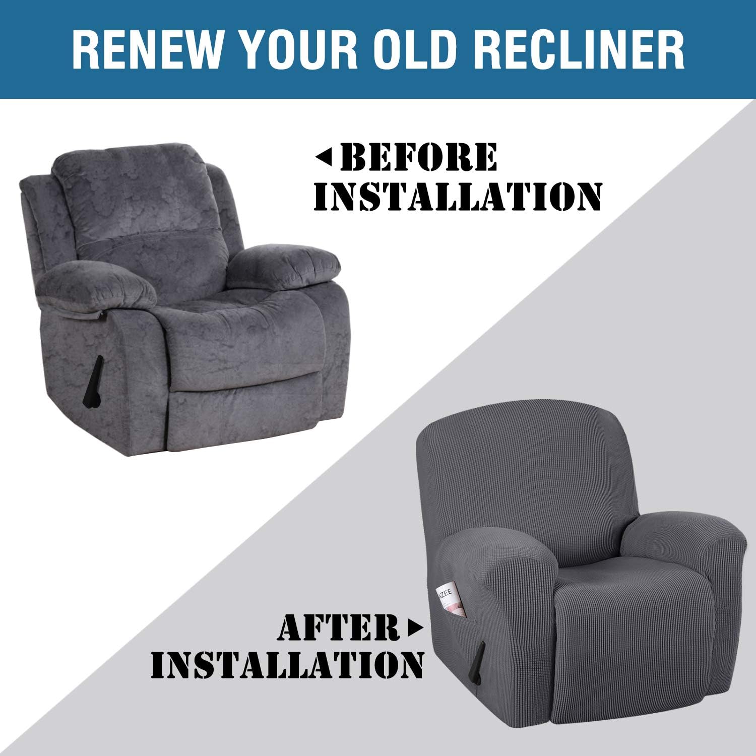 Stretch Recliner Slipcovers 1-Piece Durable Soft High Stretch Jacquard Sofa Furniture Cover Form Fit Stretch Stylish Recliner Cover/Protector (Recliner, Gray): Kitchen & Dining