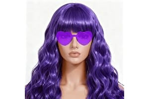 FSLLZCJY Long Curly Wave Wig with Heart Sunglasses and Hair Cap – Set of 3 | Colorful Colored Party Wigs Funny Costume Hairpieces for Halloween Cosplay (Purple)