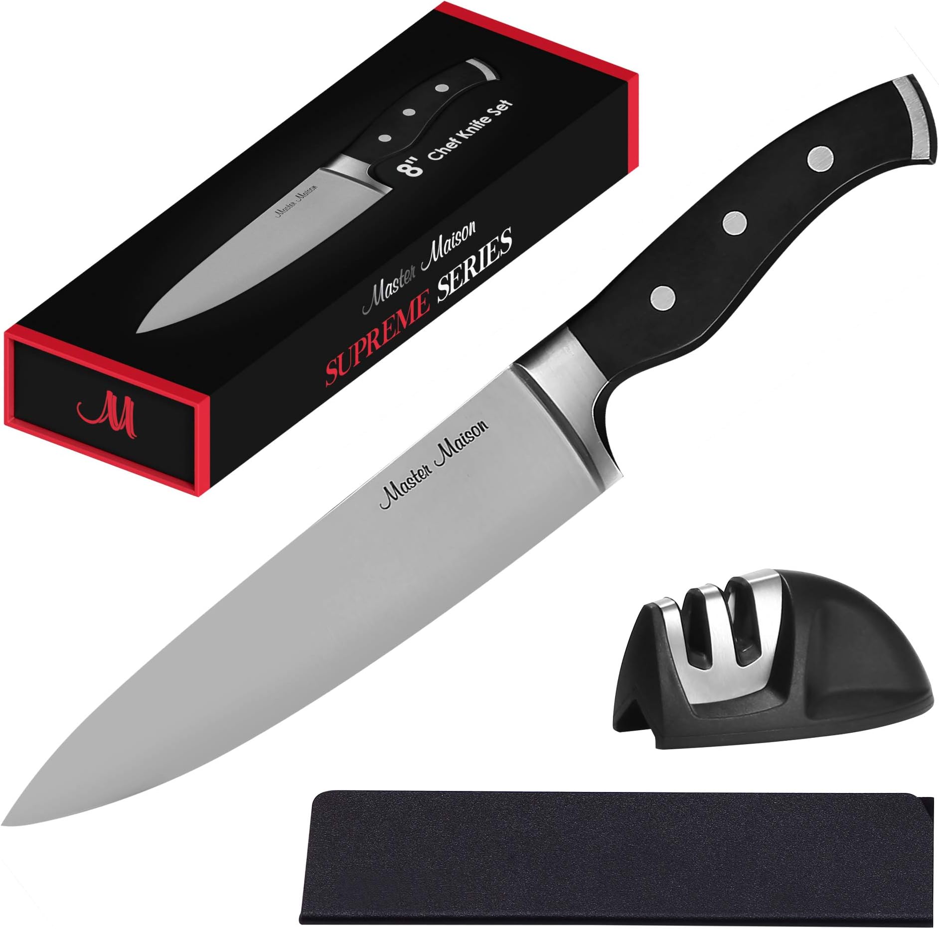 Master Maison8" Professional Chef Knife Set | Premium German Stainless Steel Chef's Knife Kitchen Set With Dual Sharpener & Edge Guard Cover | Anti-Fatigue, Ergonomic, Full-Tang Triple-Riveted Handle