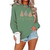 Tewmeu Christmas Sweaters for Women Embroidered Crewneck Pullover Holiday Party Top Merry Christmas Sweatshirts Women