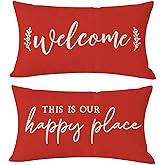 PANDICORN Farmhouse Lumbar Decorative Throw Pillow Covers 12x20 Set of 2 Welcome This is Our Happy Place Red Outdoor Christmas Front Porch Patio Decorations Cushion Cases for Home Couch Bench Decor