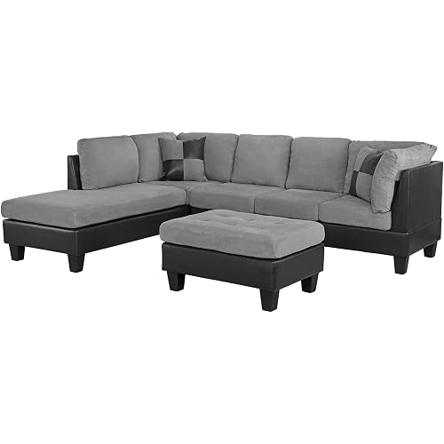 Camillia 3-Piece Microfiber and Faux Leather Sofa and Ottoman Set, 102" W, Mocha-Slate