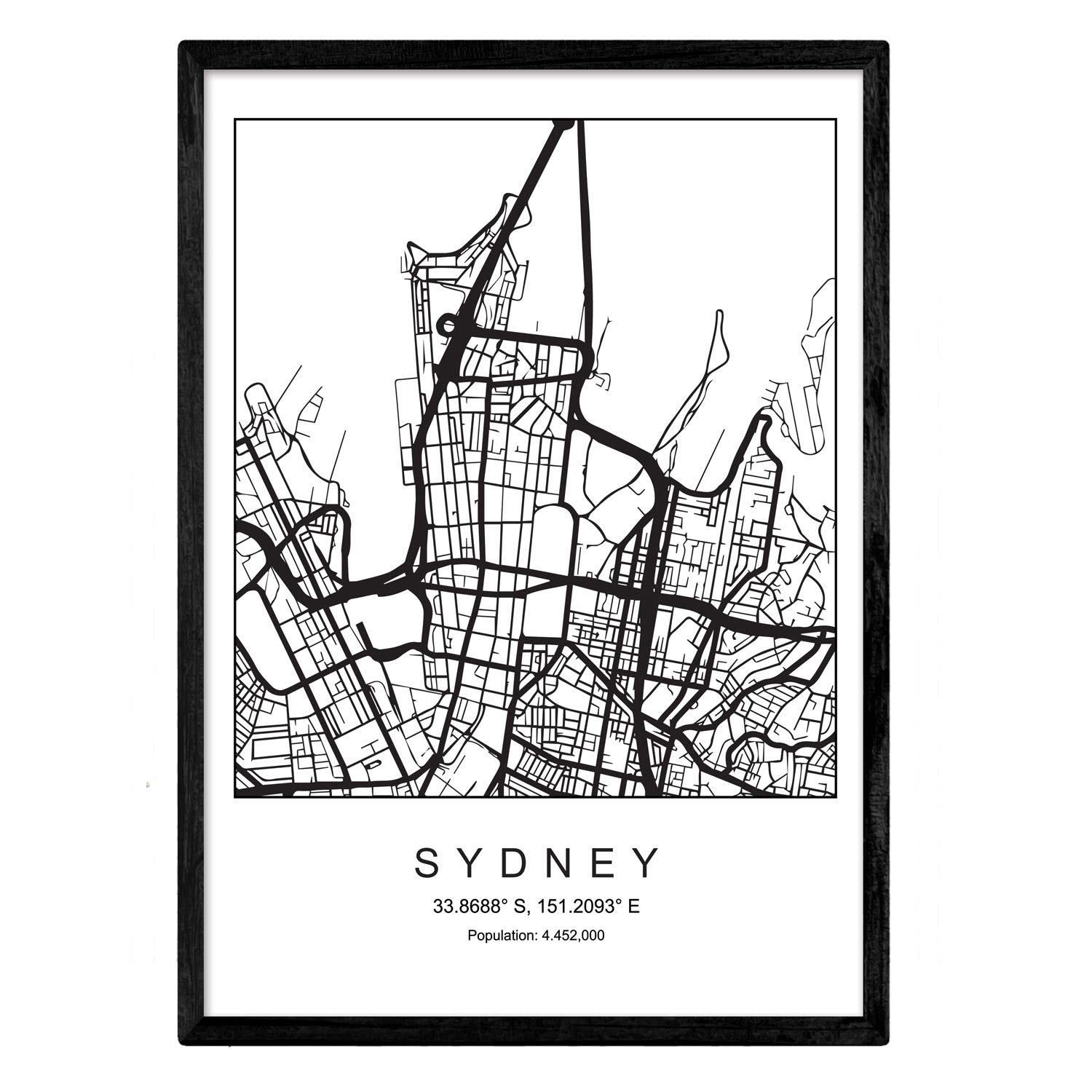 Blade Sydney city map Nordic style black and white. Poster A4 Printed paper No 250 gr. Paintings, prints and posters for living room and bedroom