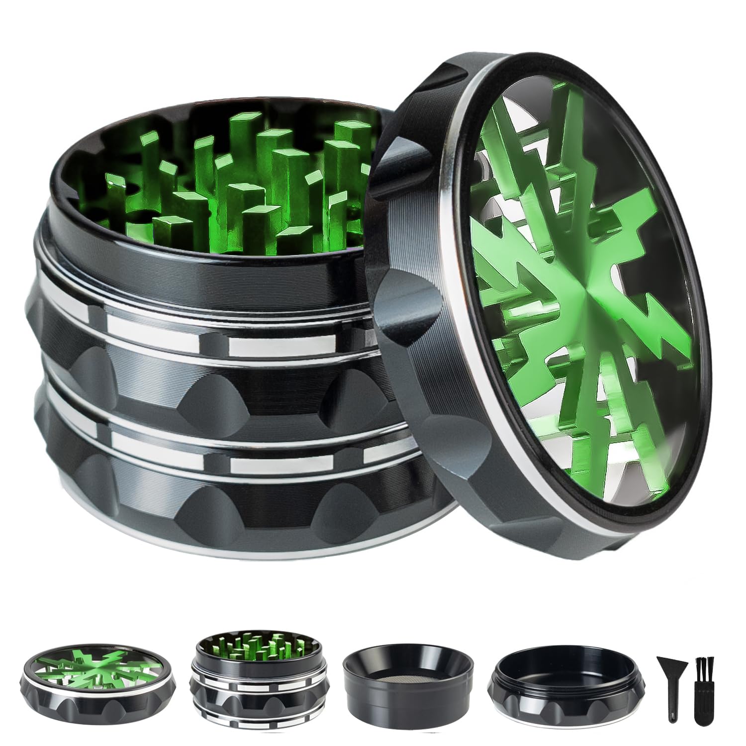 Clear Top Herb Grinder Metal Large 2.5'' Large 4-Part, Aluminum Alloy Spice Grinder with Pollen Scraper and Cleaning Brush