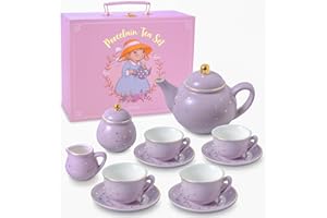 Porcelain Tea Set for Girls - Lavender & Gold Polka Dot Tea Party Set for Kids I Complete Children Tea Sets with Carry Case, 