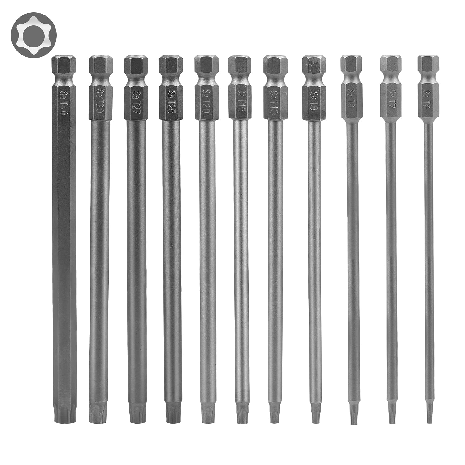 CPROSP 11 pieces Torx Bit 100 mm Long, Long Torx Bit T6,T7,T8,T9,T10,T15,T20,T25,T27,T30,T40,S2 Steel, Star Head