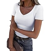 Roselux Women V Neck Ribbed Fitted Tight Tshirt Short Sleeve Shirt Basic Knit Top