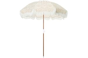 Business & Pleasure Co. Holiday Beach Umbrella ~ White Boho Fringe Umbrella, UPF 50+, 1" Tilting Wood Pole, 5’W x 6.5’H